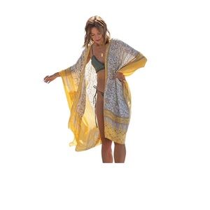 NWT Romantic Floral Lovestitch Bohemian Lemon Kimono Yellow Grey White One Size